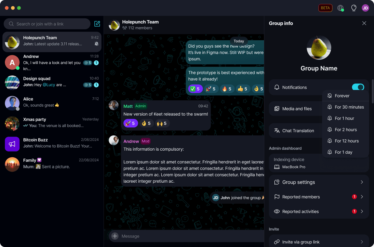 Mute a Chat π Β· Desktop Open the chat, select the chat name to open 'Group info', then toggle off 'Notifications' to open the same duration list.
