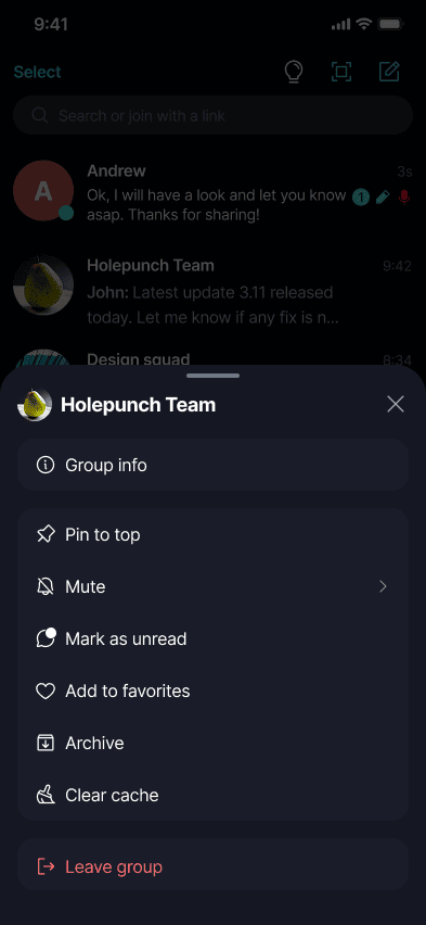 Mute a Chat π Β· Mobile Long-press a chat to open its options, then tap 'Mute' to open the duration list.