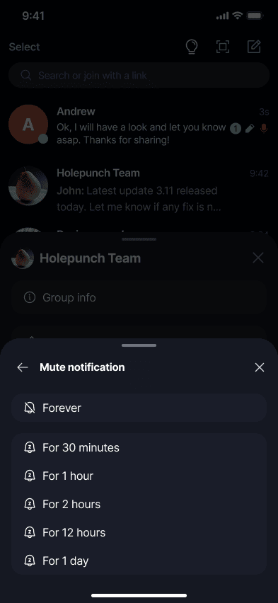 Mute a Chat π Β· Mobile Choose how long to mute for - Forever, 30 minutes, 1 hour, 2 hours, 12 hours, or 1 day.