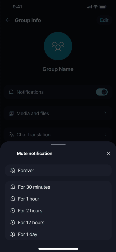 Mute a Chat π Β· Mobile Open the chat, tap the chat name to open 'Group info', then toggle off 'Notifications' to open the duration list.