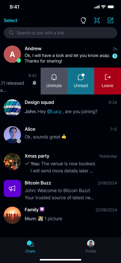 Mute a Chat π Β· Mobile Long-press or swipe left on the chat and tap 'Unmute', or open 'Group info' and toggle 'Notifications' back on.